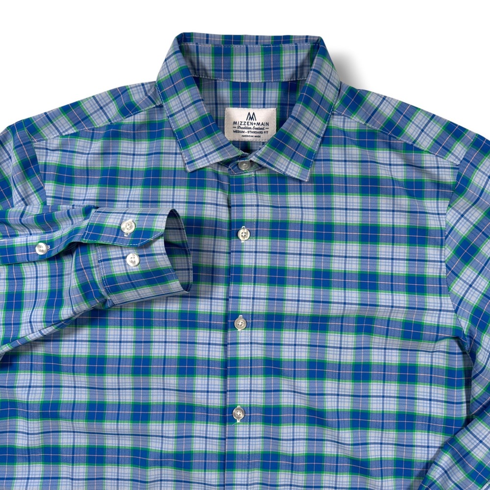 Mizzen+Main Standard Fit Plaid Button Down Shirt Men's Medium Blue Green